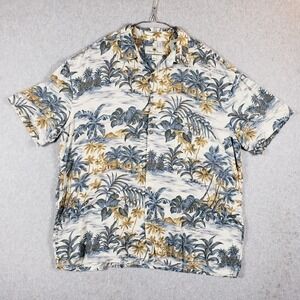 Island Shores XXL Men's Hawaiian Shirt‎ Floral Tropical Blue White Rayon Aloha